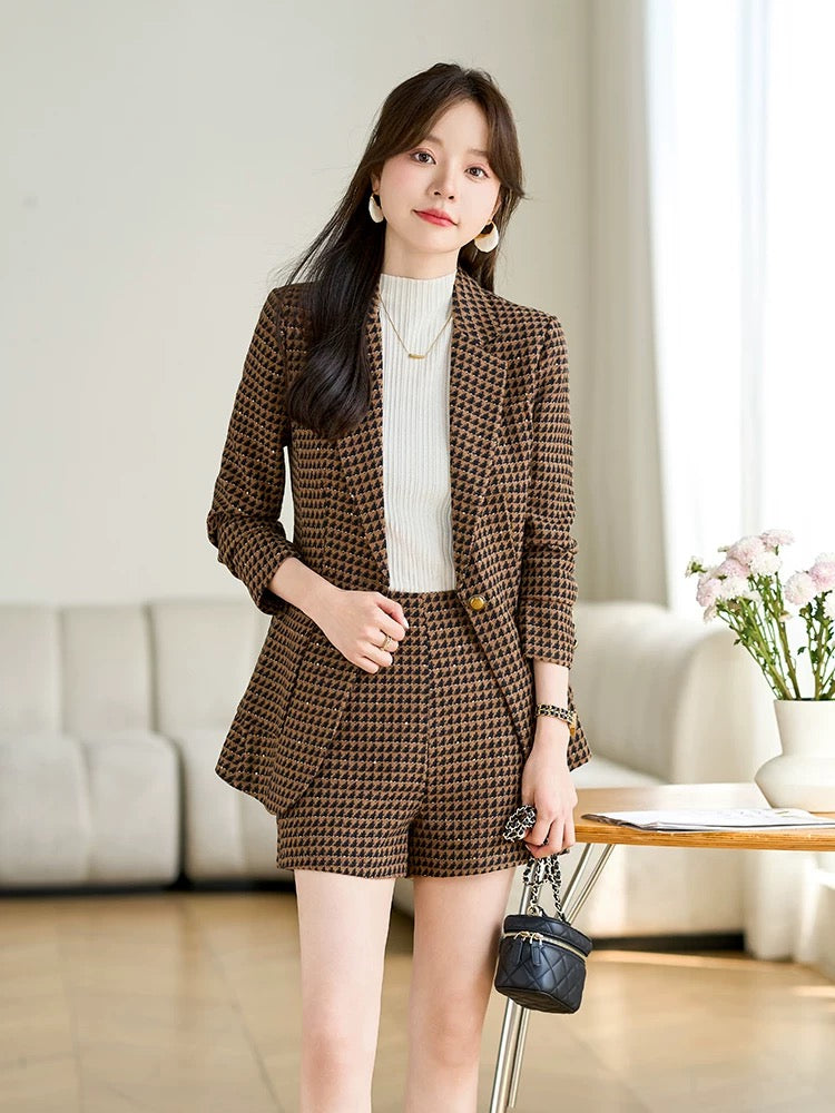 Houndstooth suit for women 2024 new autumn clothing small business suit wool suit shorts two-piece set