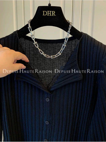 DHR French style lace lapel fake two-piece knit sweater bottoming shirt loose top women's autumn and winter new