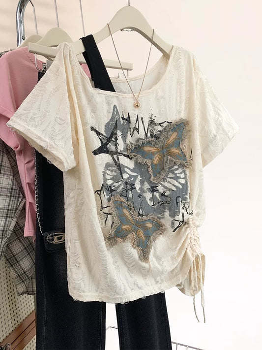 American style butterfly drawstring off-shoulder short-sleeved T-shirt for women in summer 2025 new irregular design off-shoulder top