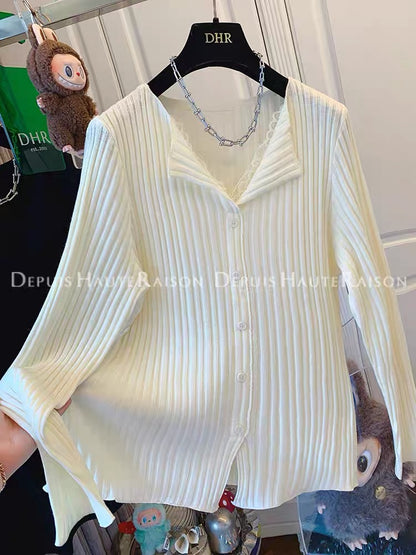 DHR French style lace lapel fake two-piece knit sweater bottoming shirt loose top women's autumn and winter new