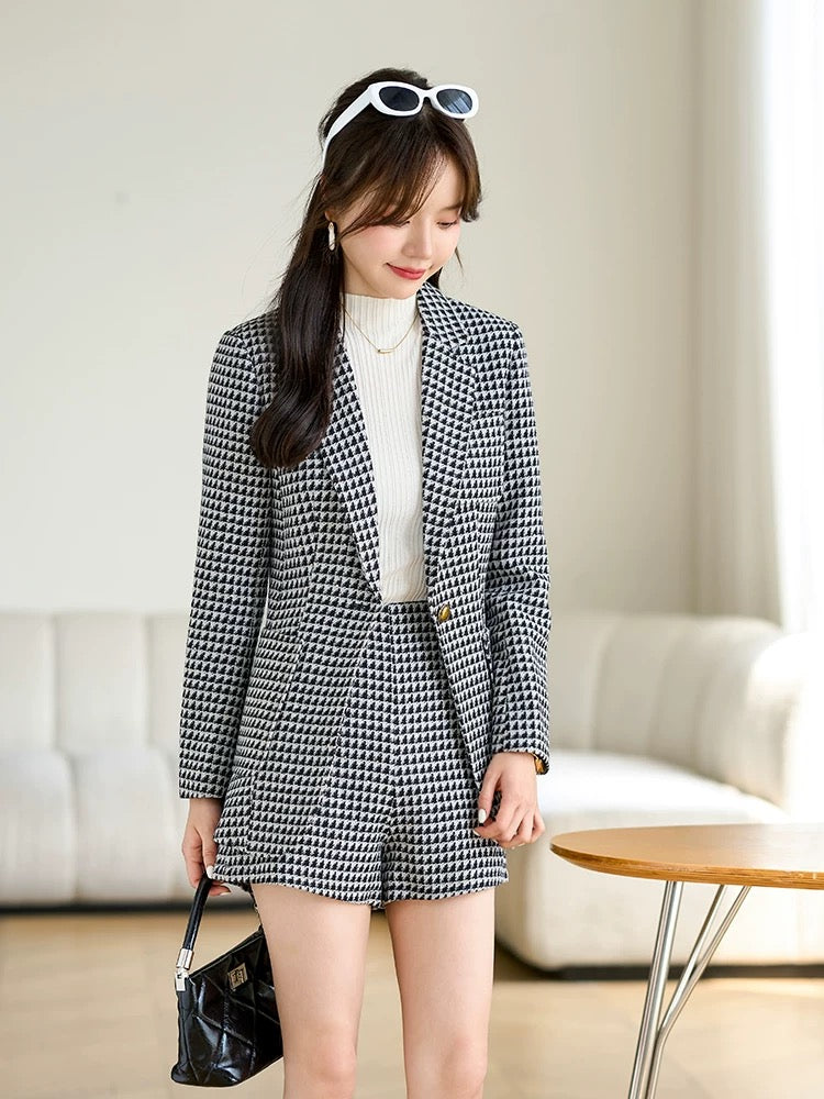 Houndstooth suit for women 2024 new autumn clothing small business suit wool suit shorts two-piece set