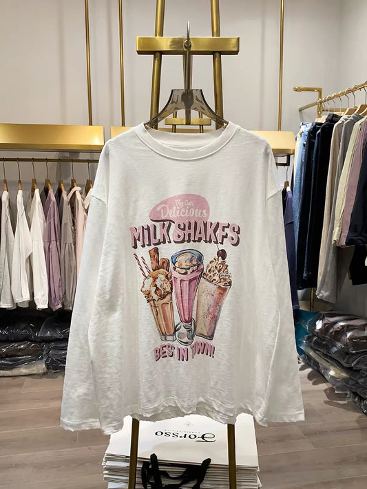 [Real-life photos from Xiao Ai's shop] American vintage-style loose, casual long-sleeve sweatshirt with a dessert graphic (Autumn 2026).