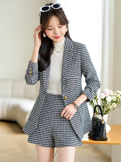Houndstooth suit for women 2024 new autumn clothing small business suit wool suit shorts two-piece set