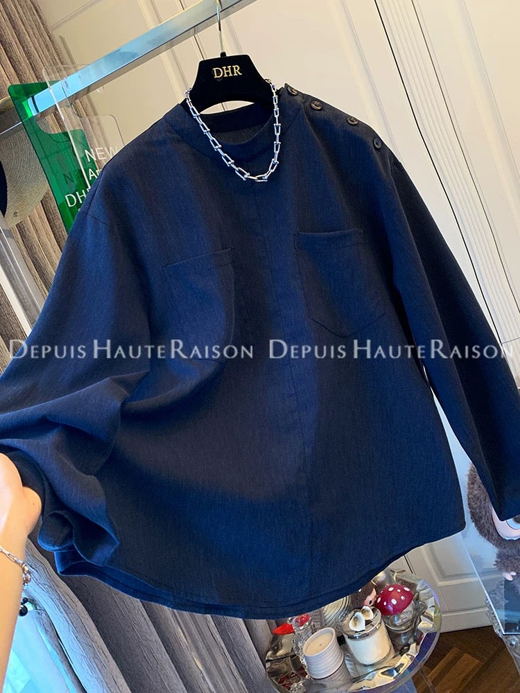DHR high-end old money style temperament pocket pullover long-sleeved shirt loose beautiful tops for women 2025 autumn new