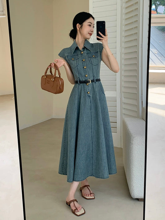 FT GUOGE blue denim dress for women 2024 summer new style French retro waist slimming small flying sleeves long skirt