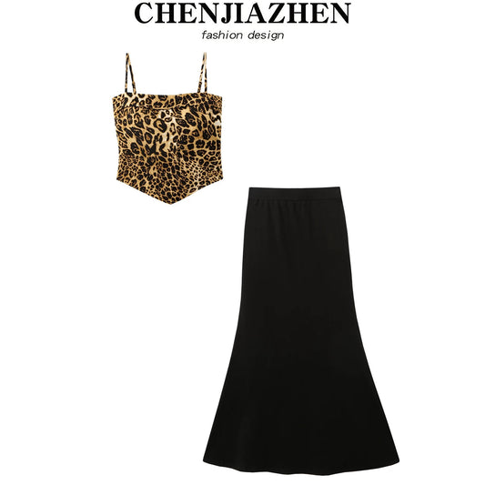 CHENJIAZHEN American design temperament sexy leopard print suspender skirt fashion suit skirt female summer