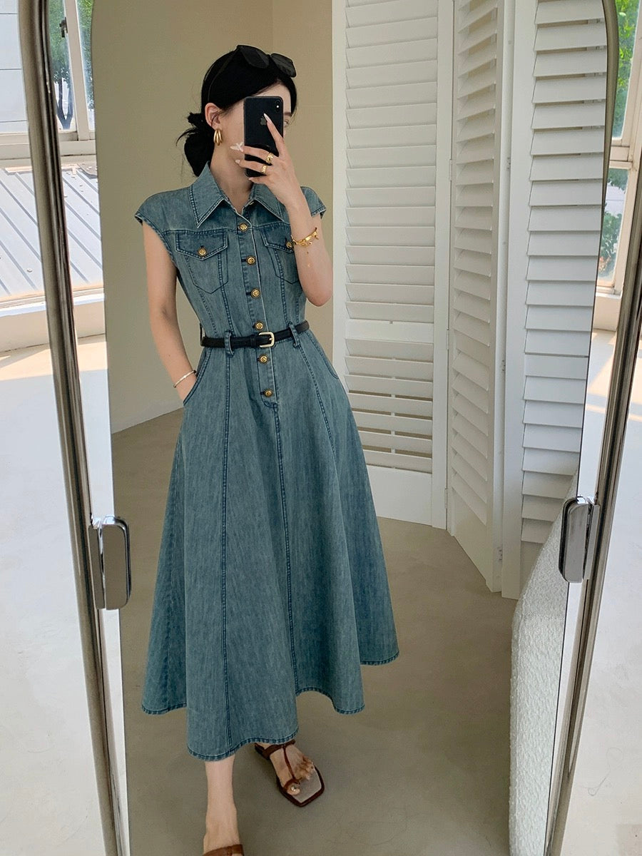 FT GUOGE blue denim dress for women 2024 summer new style French retro waist slimming small flying sleeves long skirt