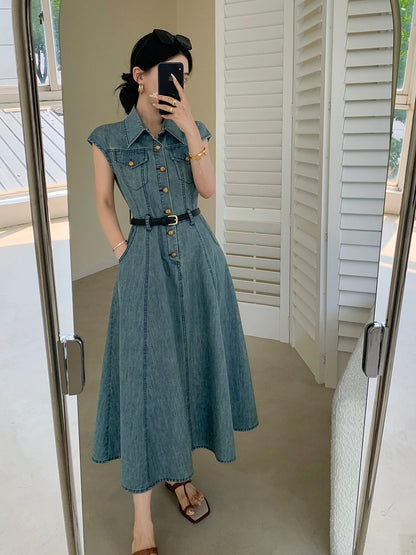 FT GUOGE blue denim dress for women 2024 summer new style French retro waist slimming small flying sleeves long skirt