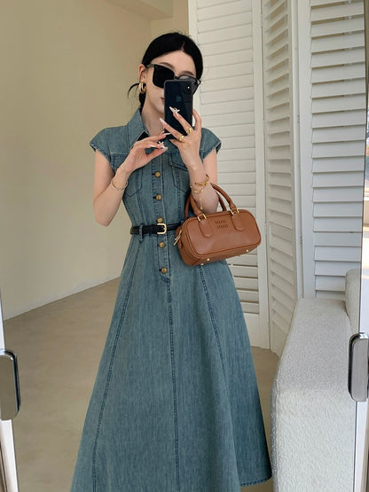 FT GUOGE blue denim dress for women 2024 summer new style French retro waist slimming small flying sleeves long skirt