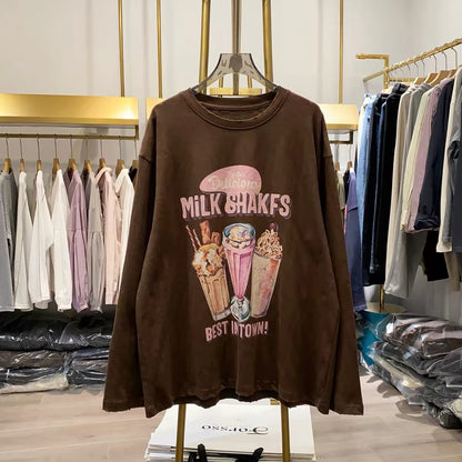 [Real-life photos from Xiao Ai's shop] American vintage-style loose, casual long-sleeve sweatshirt with a dessert graphic (Autumn 2026).