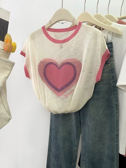 Love heart straight shoulder short-sleeved T-shirt for women in summer 2025 new design niche ice silk knitted thin loose top