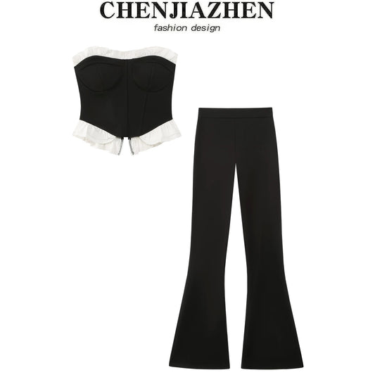 Design contrast color tube top suit pants women's summer new style temperament pure desire style black chest wrap flared pants two-piece suit