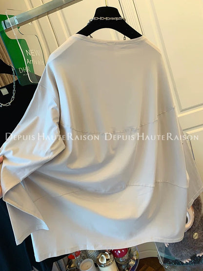 DHR design sense casual solid color one-shoulder long-sleeved T-shirt bottoming shirt loose yoga wear tops women's autumn new