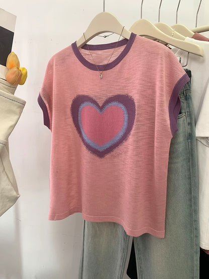 Love heart straight shoulder short-sleeved T-shirt for women in summer 2025 new design niche ice silk knitted thin loose top