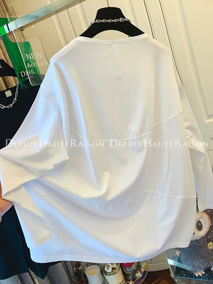 DHR design sense casual solid color one-shoulder long-sleeved T-shirt bottoming shirt loose yoga wear tops women's autumn new