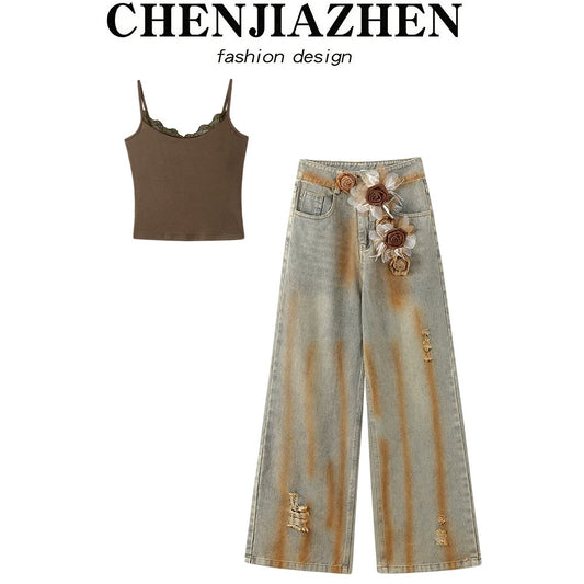 CHENJIAZHEN American retro design high-grade hot girl style slim temperament age-reducing denim suit women's summer