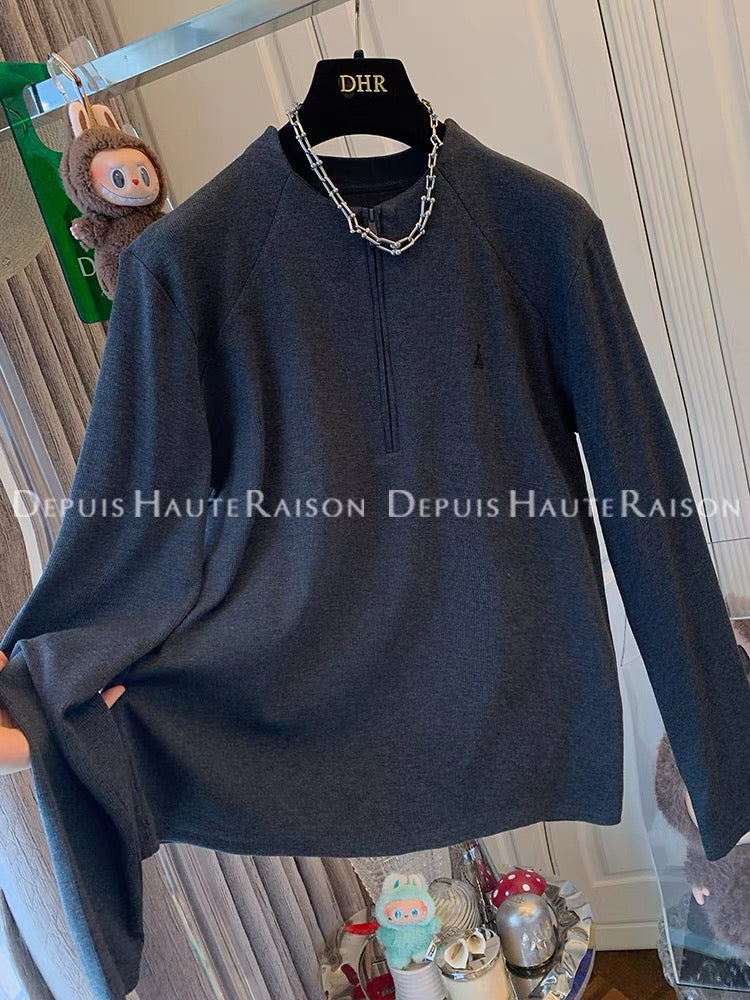 DHR American style half zipper stand collar versatile thread long sleeve T-shirt bottoming shirt loose inner top women autumn