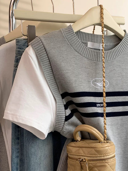 Gray fake two-piece knitted short-sleeved T-shirt for women in summer 2025 new design for small size straight shoulder half-sleeved top