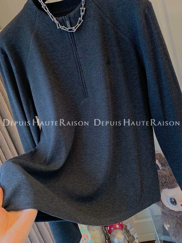 DHR American style half zipper stand collar versatile thread long sleeve T-shirt bottoming shirt loose inner top women autumn