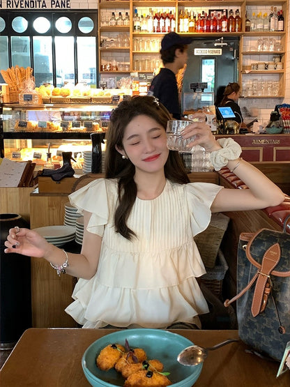 FF BLUE Summer White Tea Cute Cake Hem White Babydoll Shirt Small Fly Sleeve Shirt Age Reduction Top for Women