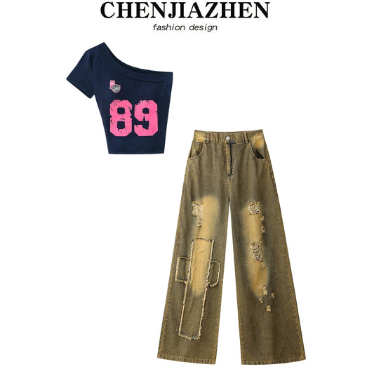 CHENJIAZHEN American retro hot girl sexy short sleeve oblique shoulder slim wide leg pants fashion suit summer