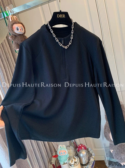 DHR American style half zipper stand collar versatile thread long sleeve T-shirt bottoming shirt loose inner top women autumn