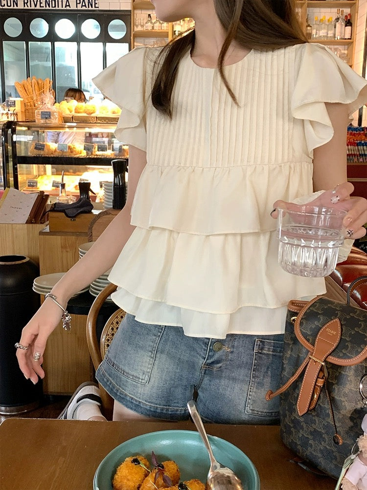 FF BLUE Summer White Tea Cute Cake Hem White Babydoll Shirt Small Fly Sleeve Shirt Age Reduction Top for Women