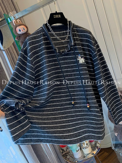 DHR Super beautiful embroidered bear stripes soft glutinous knitted long-sleeved T-shirt Korean bottoming shirt loose top women's autumn