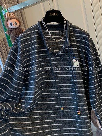 DHR Super beautiful embroidered bear stripes soft glutinous knitted long-sleeved T-shirt Korean bottoming shirt loose top women's autumn