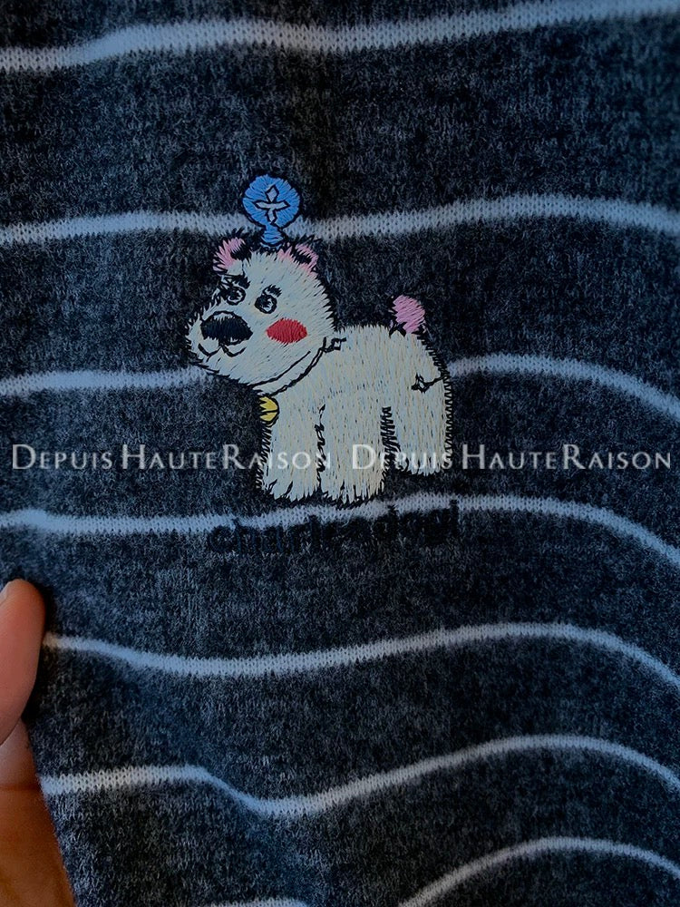 DHR Super beautiful embroidered bear stripes soft glutinous knitted long-sleeved T-shirt Korean bottoming shirt loose top women's autumn