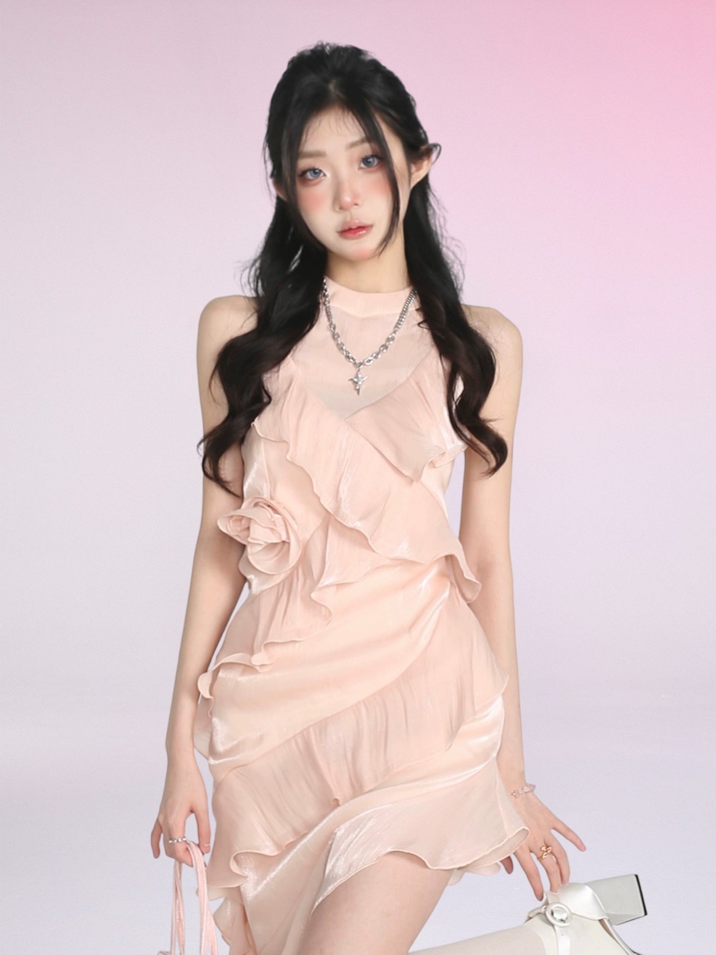 Tianlidai Limerance Summer Sleeveless Champagne Dress Lotus Design Sensational Niche Leaf Lace Skirt for Women