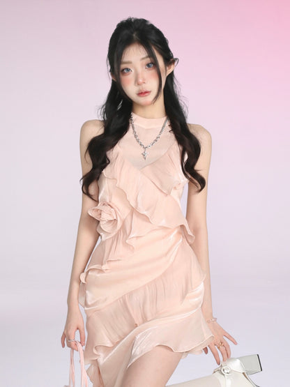 Tianlidai Limerance Summer Sleeveless Champagne Dress Lotus Design Sensational Niche Leaf Lace Skirt for Women