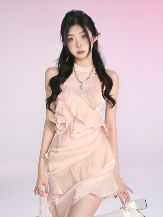 Tianlidai Limerance Summer Sleeveless Champagne Dress Lotus Design Sensational Niche Leaf Lace Skirt for Women