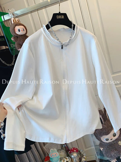 DHR unique crochet knitted collar zipper long-sleeved T-shirt bottoming shirt loose inner top women's autumn new cotton