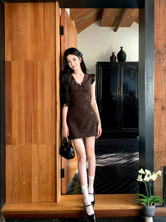 Barb Chill hot girl short bow dress female summer slim waist hip skirt sleeveless vest skirt