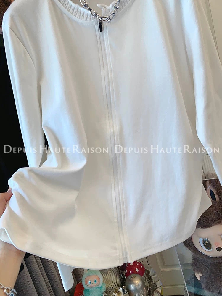 DHR unique crochet knitted collar zipper long-sleeved T-shirt bottoming shirt loose inner top women's autumn new cotton