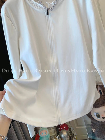 DHR unique crochet knitted collar zipper long-sleeved T-shirt bottoming shirt loose inner top women's autumn new cotton