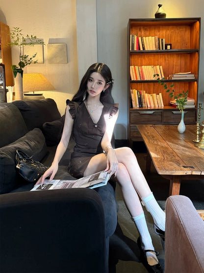 Barb Chill hot girl short bow dress female summer slim waist hip skirt sleeveless vest skirt