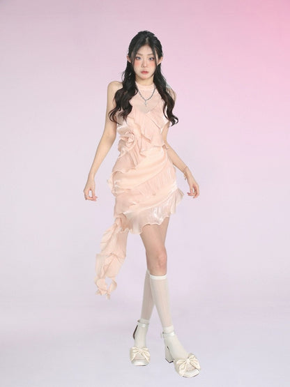Tianlidai Limerance Summer Sleeveless Champagne Dress Lotus Design Sensational Niche Leaf Lace Skirt for Women
