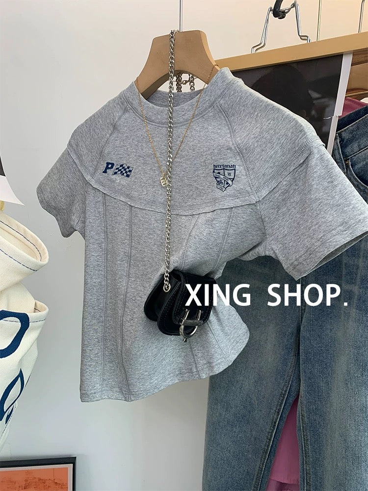 Gray raglan short-sleeved T-shirt for women summer 2025 new chic slim fishbone T-shirt short stitching inner top