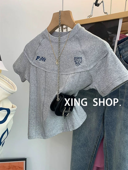 Gray raglan short-sleeved T-shirt for women summer 2025 new chic slim fishbone T-shirt short stitching inner top