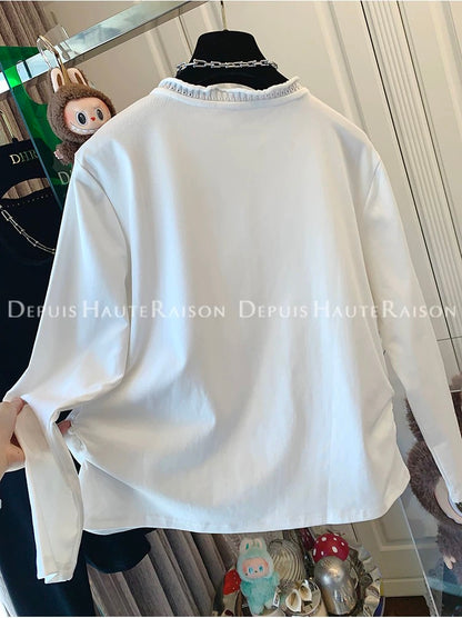 DHR unique crochet knitted collar zipper long-sleeved T-shirt bottoming shirt loose inner top women's autumn new cotton