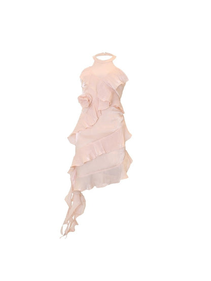 Tianlidai Limerance Summer Sleeveless Champagne Dress Lotus Design Sensational Niche Leaf Lace Skirt for Women