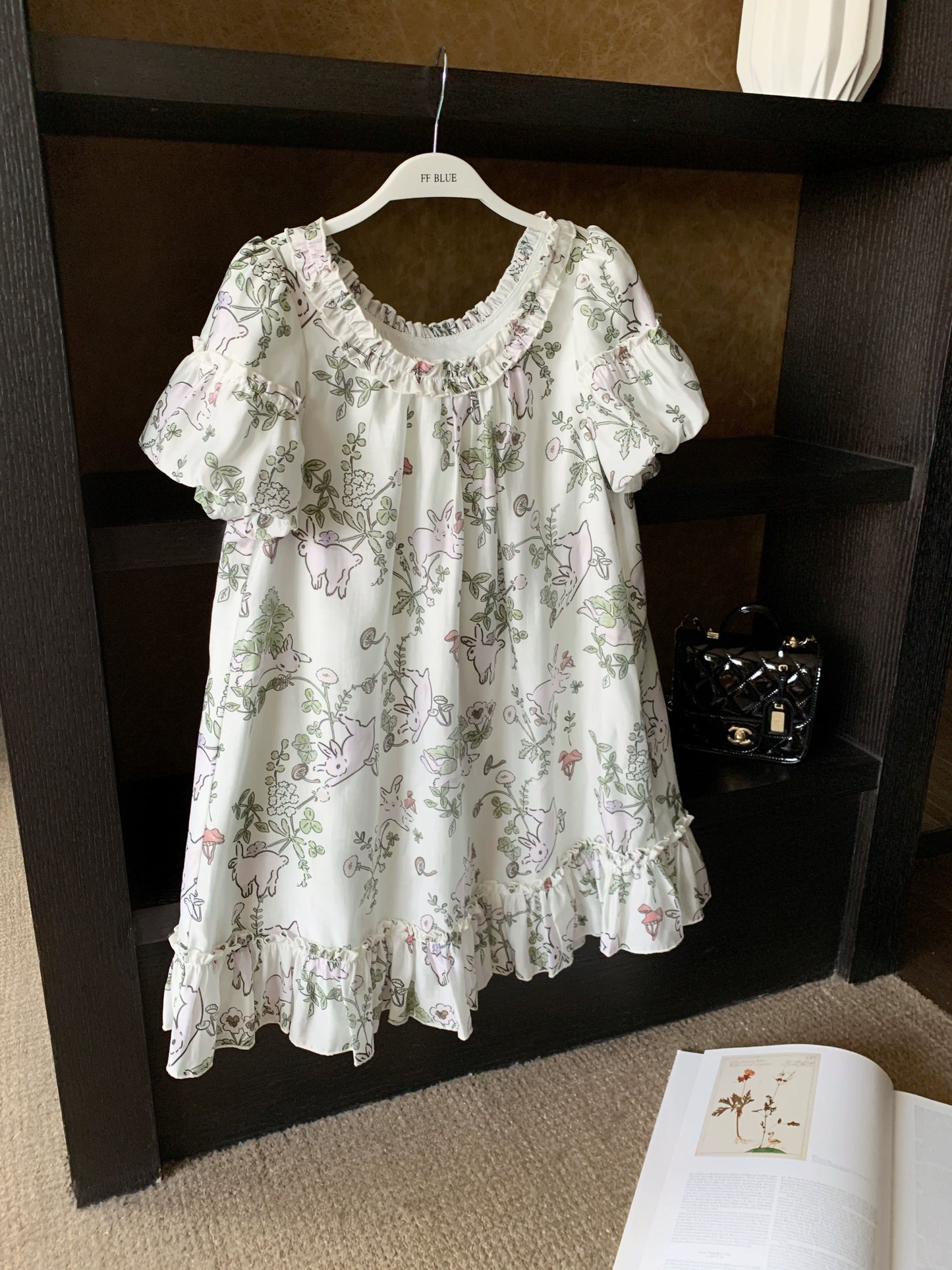 FF BLUE Peter Rabbit cute printed micro puff sleeve dress girl short sleeve beautiful and exquisite skirt