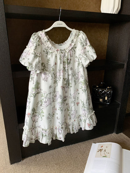 FF BLUE Peter Rabbit cute printed micro puff sleeve dress girl short sleeve beautiful and exquisite skirt
