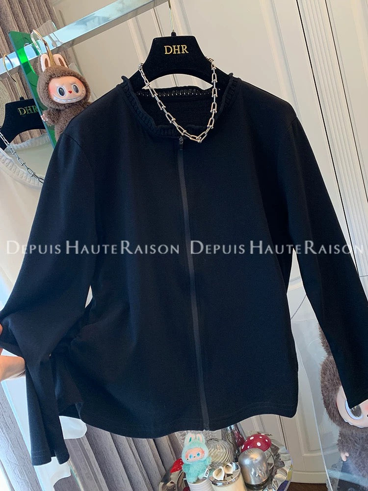 DHR unique crochet knitted collar zipper long-sleeved T-shirt bottoming shirt loose inner top women's autumn new cotton