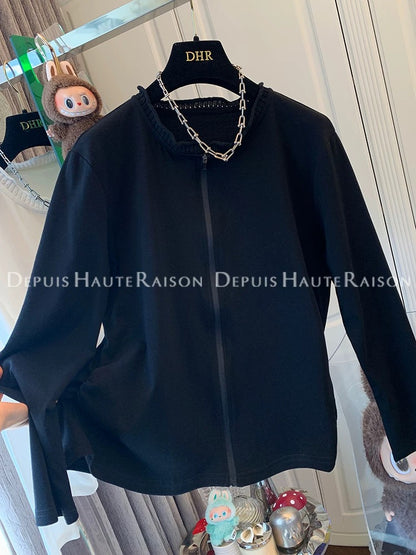 DHR unique crochet knitted collar zipper long-sleeved T-shirt bottoming shirt loose inner top women's autumn new cotton
