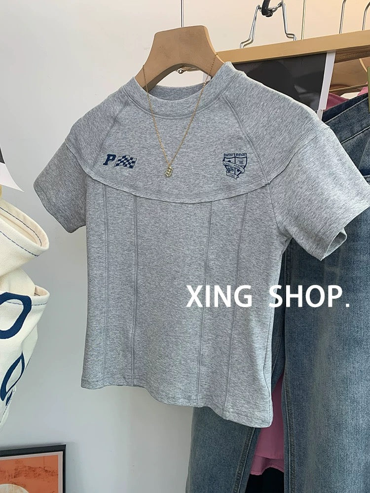 Gray raglan short-sleeved T-shirt for women summer 2025 new chic slim fishbone T-shirt short stitching inner top