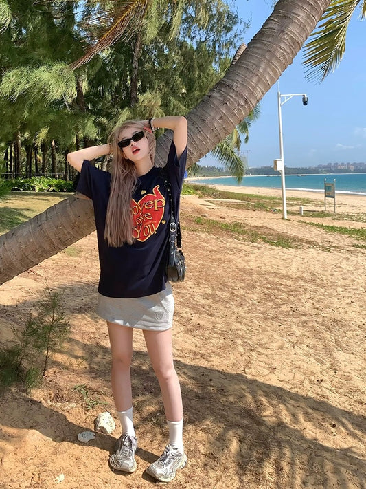NECOYEP 2024 original American trendy brand love printed short-sleeved T-shirt couple loose trendy brand top ins trend