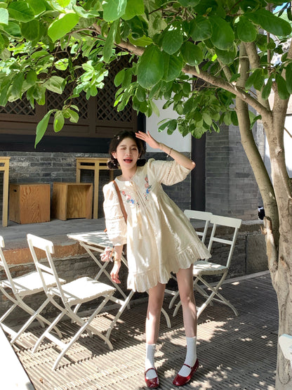 FF BLUE South France Manor 2-color fugitive princess embroidered French baby dress short cute niche dress